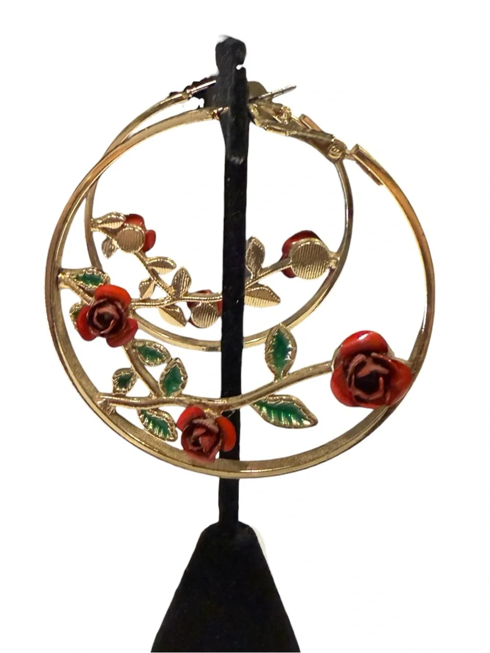 Gold Hoop Earrings Whimsical Cottagecore 3D Red Enamel Rose Vine
